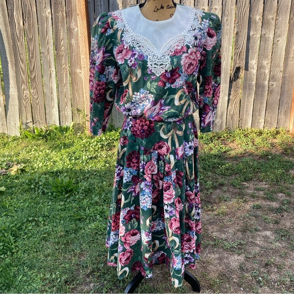 Vintage 80s 90s Lisa II Ltd Floral Cottagecore Lace Collar Dress Women’s M - Picture 1 of 14